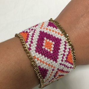 Aztec Beaded Bracelet Wide Band Pink Orange Gold